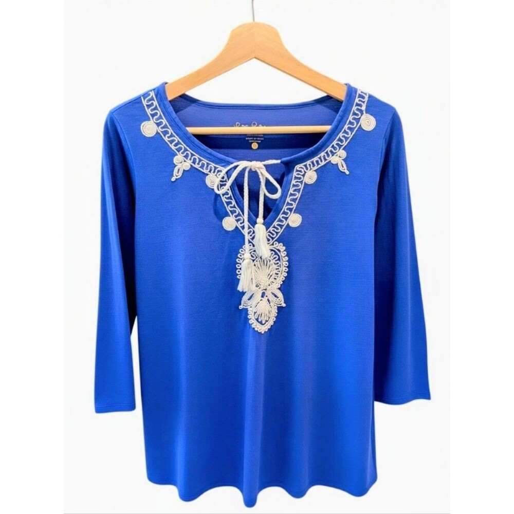 Lilly Pulitzer Holly Boho Cottage Embroidered Tassel Top Cobalt Blue Cotton S
